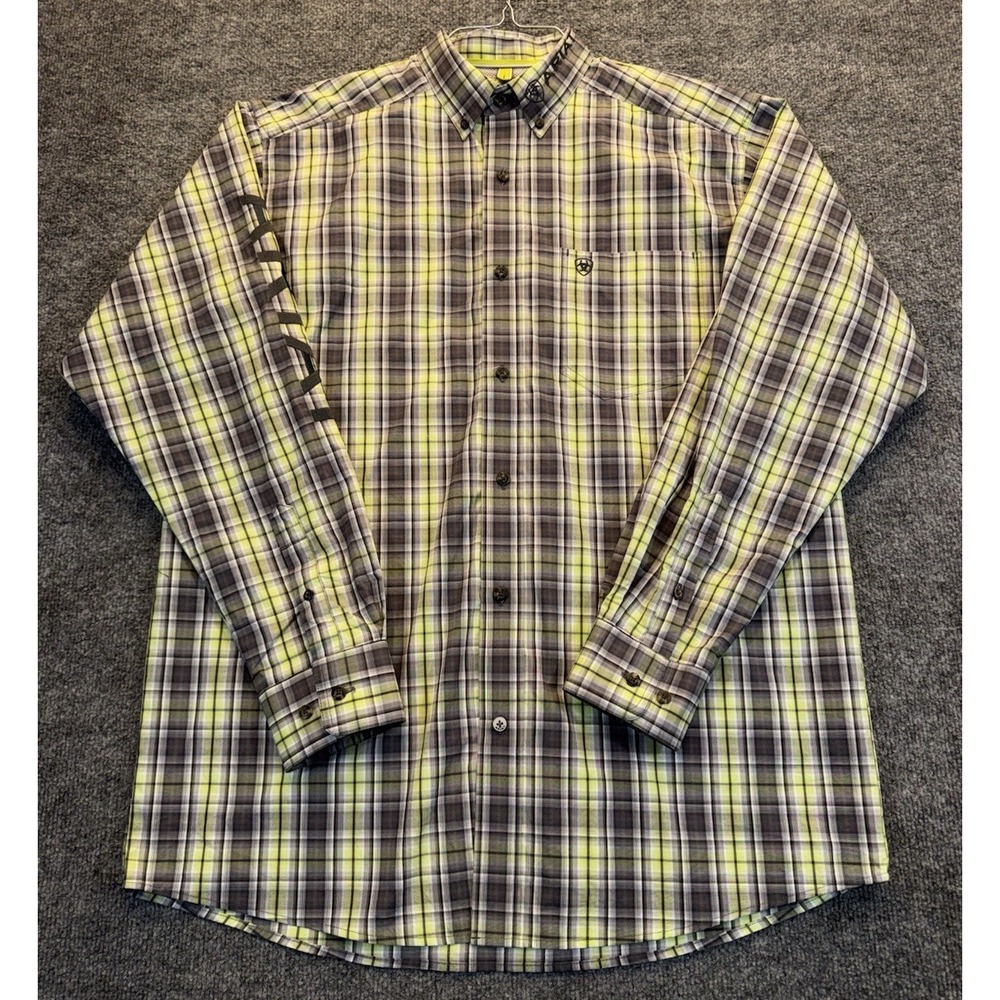 Ariat Pro Series Plaid Western Shirt Green Gray Men's Size M Button Down Logo